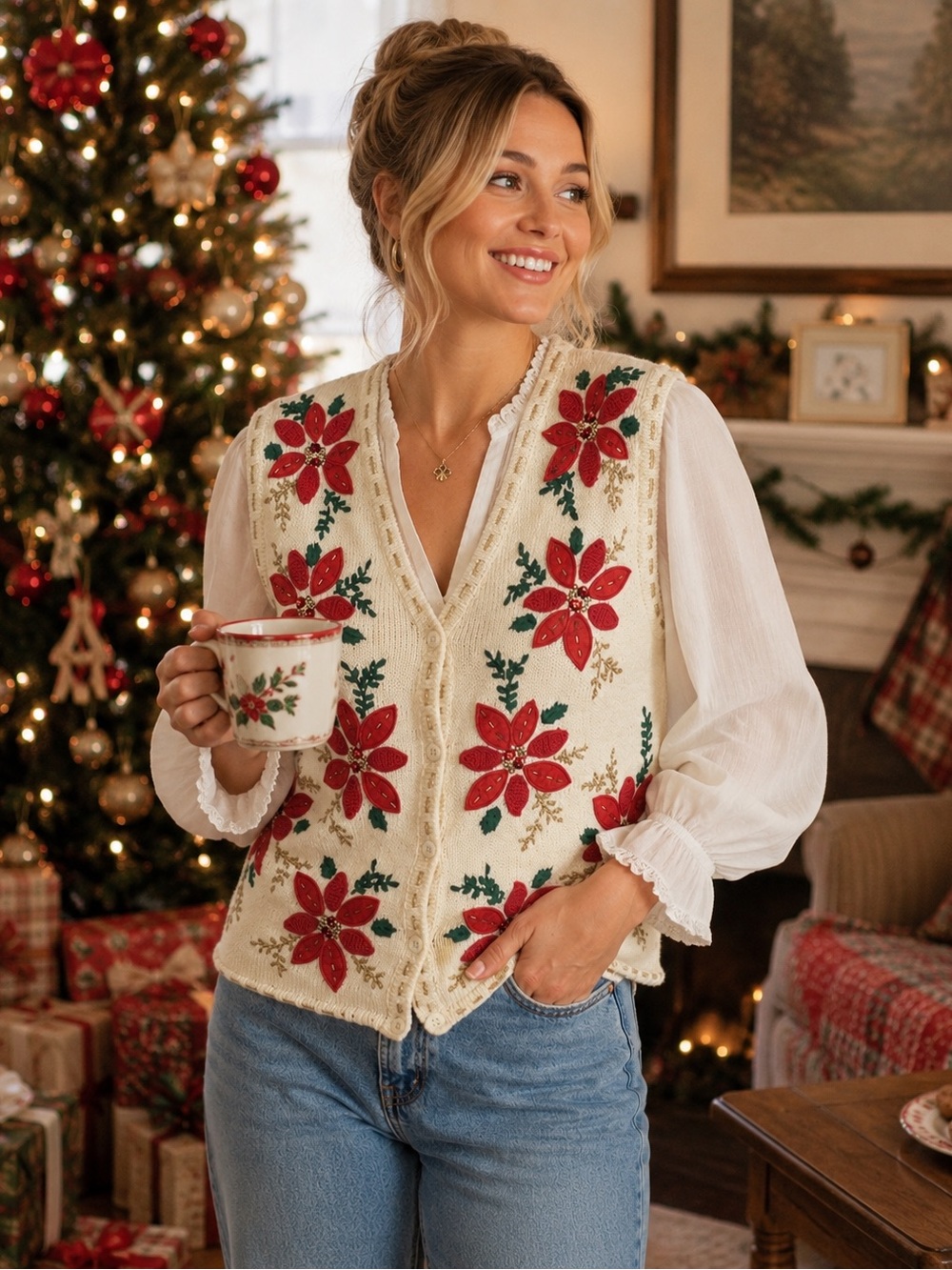 VTG Poinsettia Embroidered Knit Sweater Vest Christmas cottagecore granny chic M